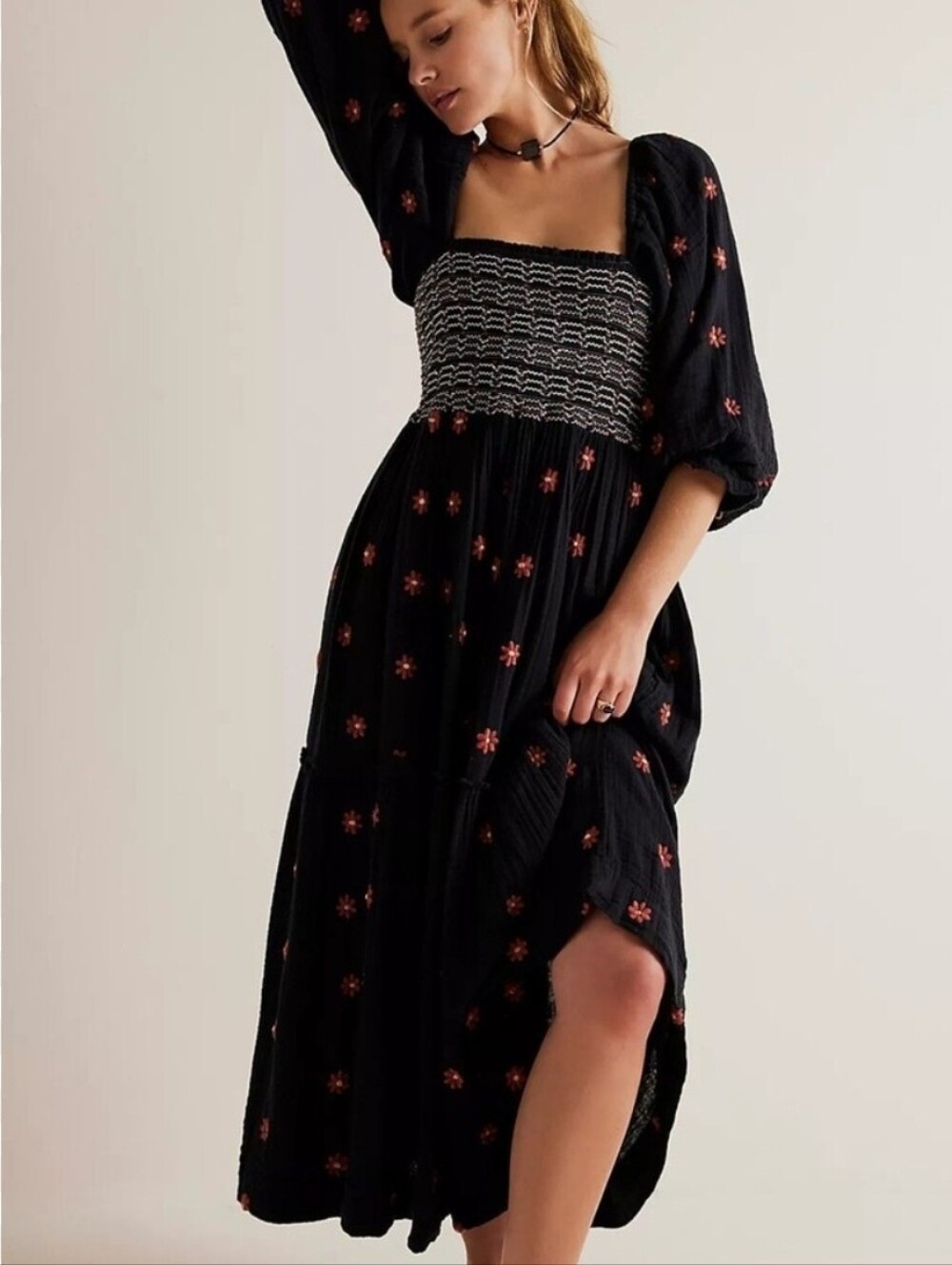 Free People Black Midi Dress with Red Floral Embroidery